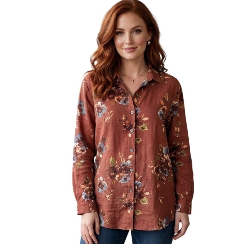 John Mark Linen Tunic Womens Large Copper Floral Wired Collar Boho Button Top